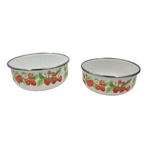 2 Vintage Kobe Nesting Mixing Bowls Strawberry Plants With Flowers Enamel Japan